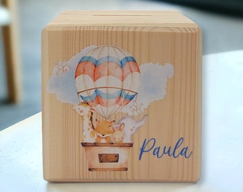 Wooden money box "Hot air balloon" personalized with name