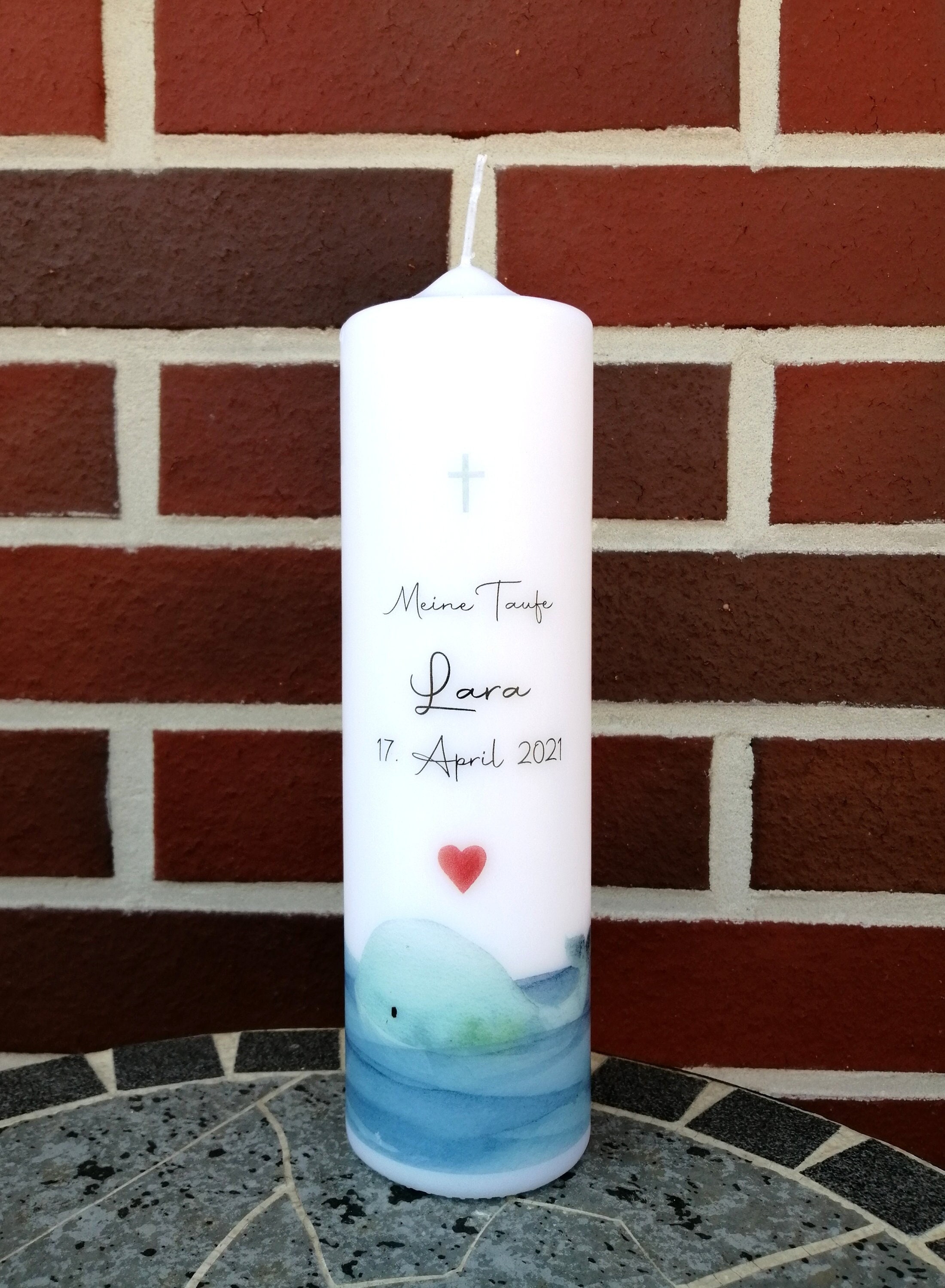 Baptism candle personalized with name and date "Whale/Heart", boy/girl