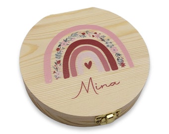 Milchzahndose personalisiert "Regenbogen Blumen" / Milchzahnbox aus Holz