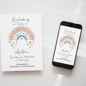 eCard/fichier à imprimer invitation baptême "coeurs arc-en-ciel poisson bleu"