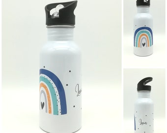 Drinking bottle with name "Rainbow blue/mint"/ Kindergarten/ School/ Sports/ 500ml with straw, gift for school enrollment, bottle straw