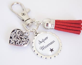 Keychain, customizable, bag jewel, Super Mom, pompom, color of your choice