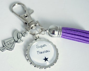 Key ring, bag charm, Super Nanny, pompom, purple