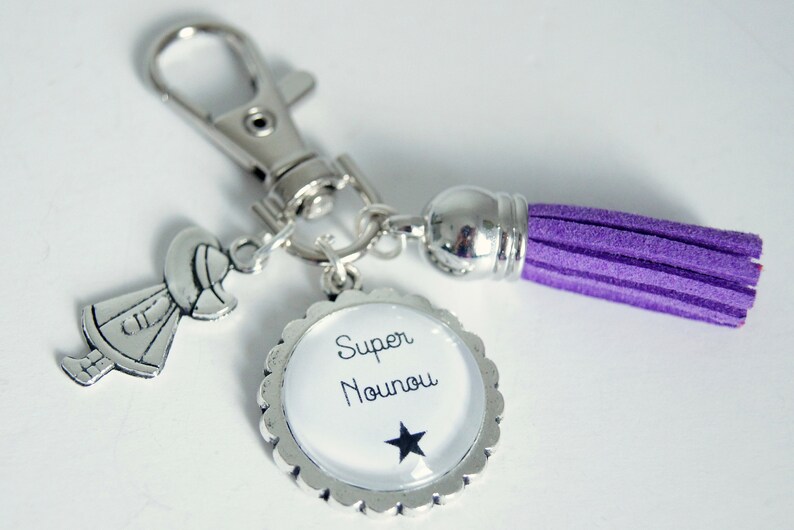 Key ring, bag charm, Super Nanny, pompom, purple image 1