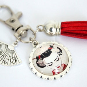 Customizable key ring, bag charm, Travel to Asia, model of your choice Geisha rouge