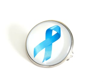 Blue ribbon round brooch, fibromyalgia support