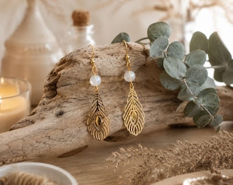 Moon Breath Intention Earrings with Golden Feather and Moonstone