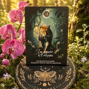 Op de afbeelding: Een rechthoekige orakelkaart met een illustratie van een luipaard en de tekst '19', 'Le jaguar et l'orchidée', 'Ma clairvoyance me guide. Je perçois la vérité au-delà des apparences.' De kaart staat in een ronde zwarte houten houder met een gouden mot- en maanfasenontwerp.