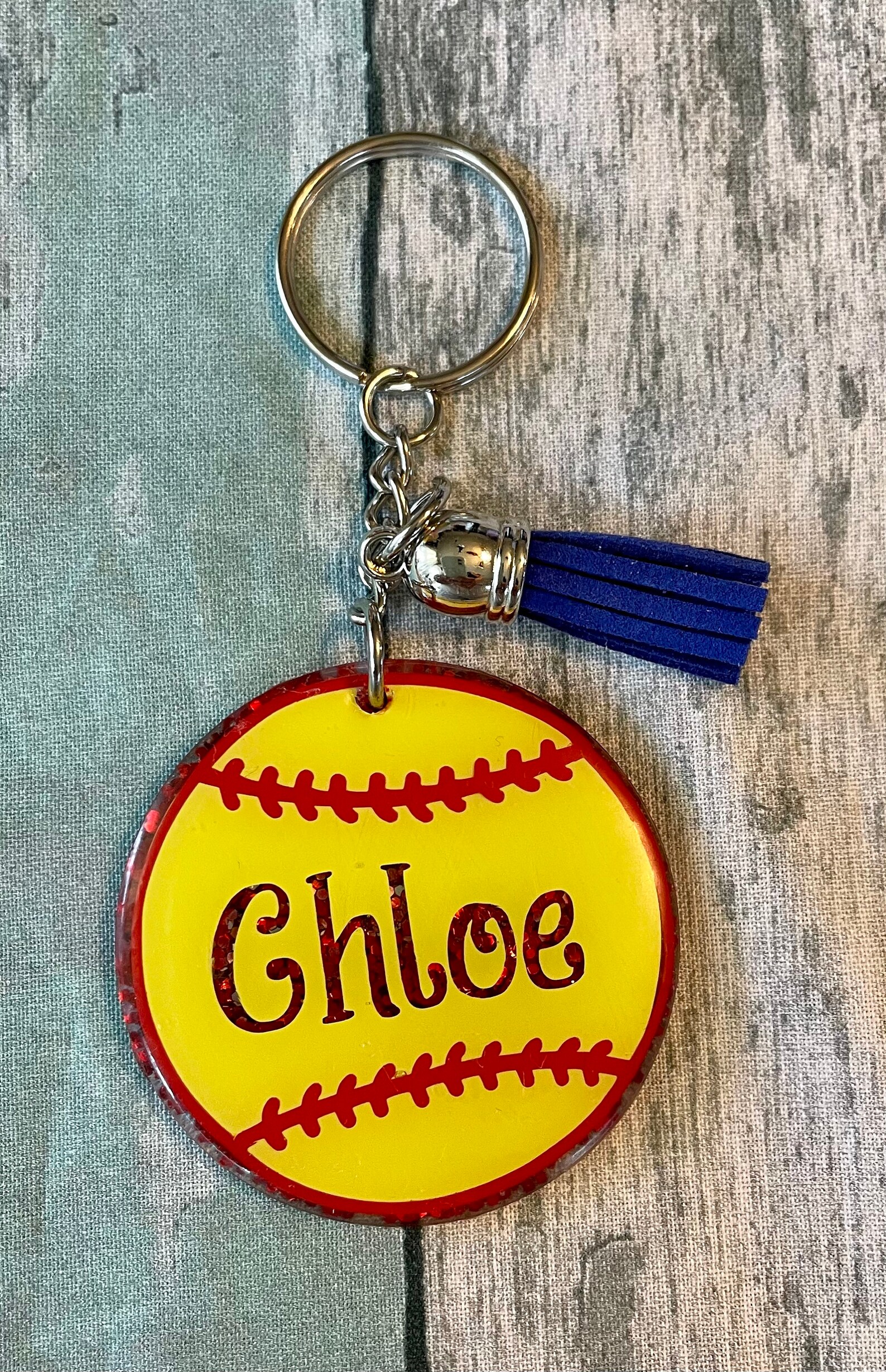 Personalized Softball Round Keychain Glitter Team Color Tassel Etsy