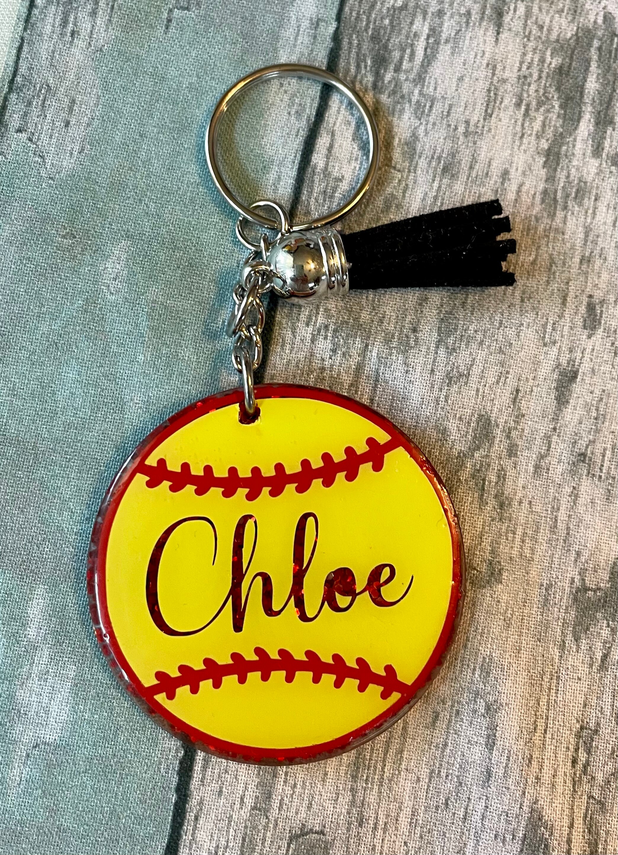 Personalized Softball Round Keychain Glitter Team Color Tassel Etsy