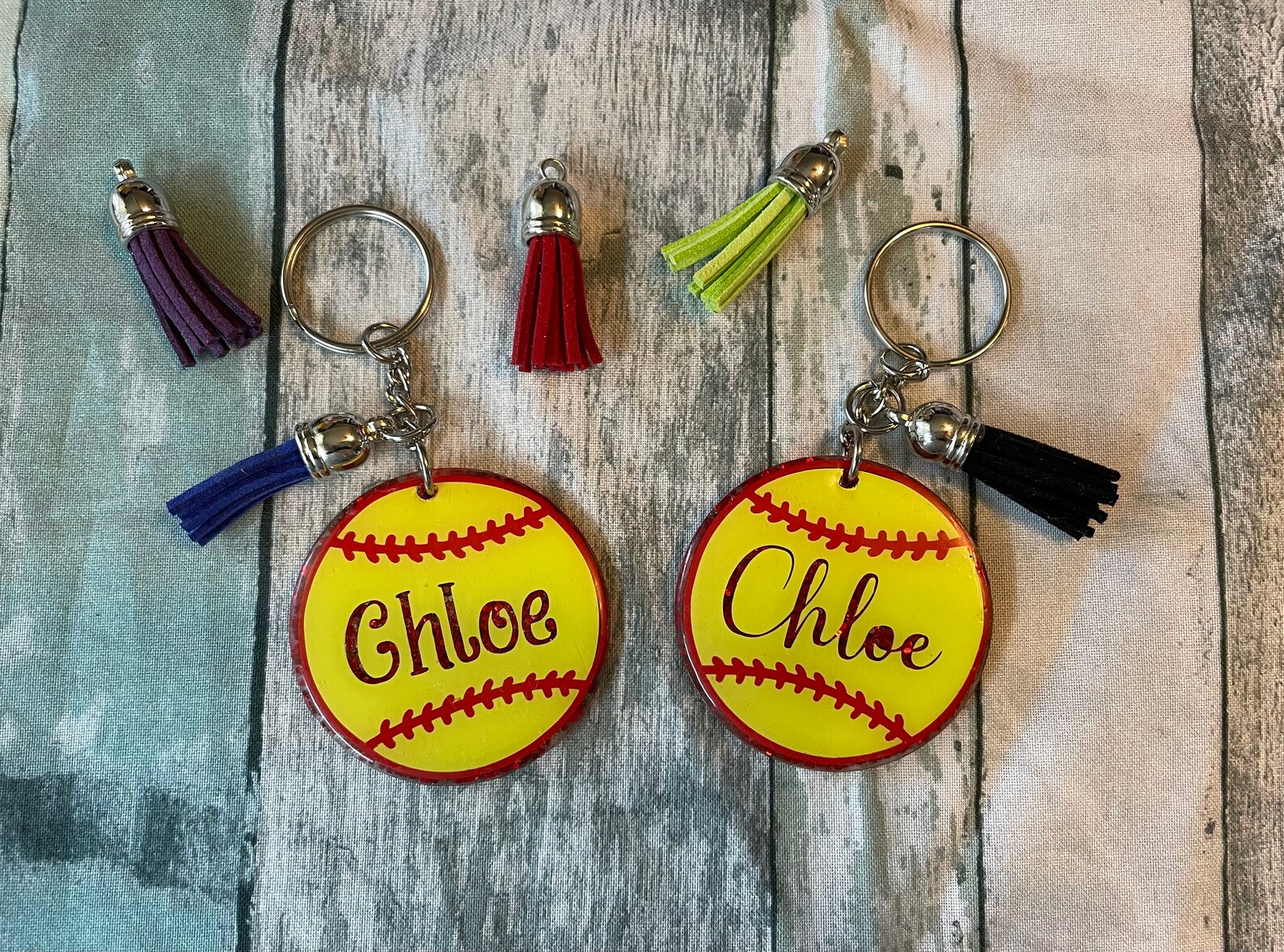 Personalized Softball Round Keychain Glitter Team Color Tassel Etsy
