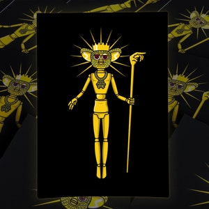 May include: A golden cartoon character with a crown and a staff, wearing a large gold chain necklace. The character has large eyes and a wide smile. The background is black.