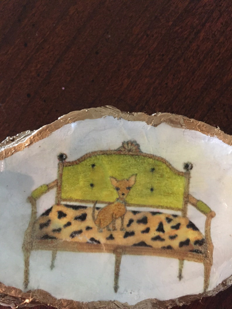 Oyster Shell ring dish ornament paper weight chihuahua on settee