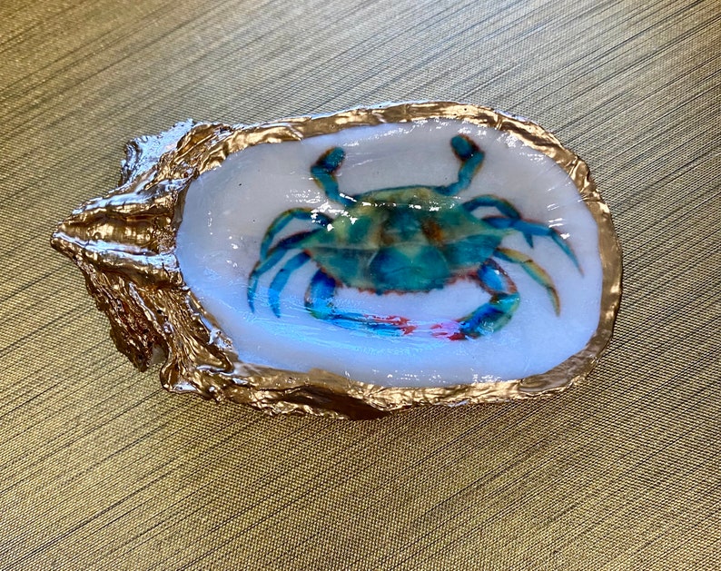 Oyster shell trinket ring dish BLUE CRAB image 1