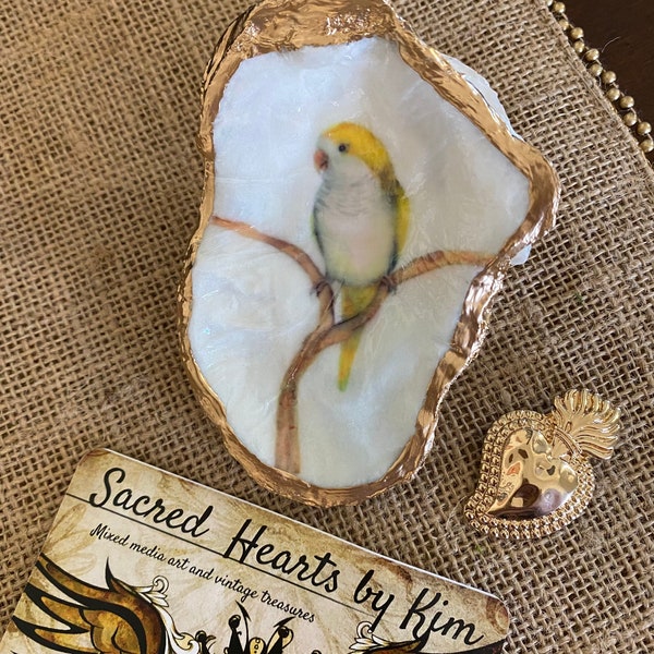 Yellow Canary oyster shell decoupage dish