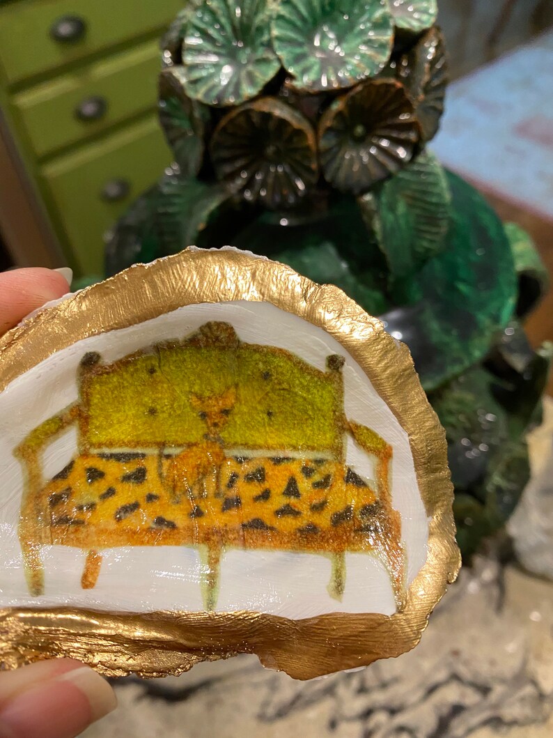 Oyster Shell ring dish ornament paper weight chihuahua on settee