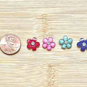 Flower, resin plastic post earrings, with clear center crystal Hypoallergenic Plastic Stud, Nickel Free, available in 4 colors gifts for her