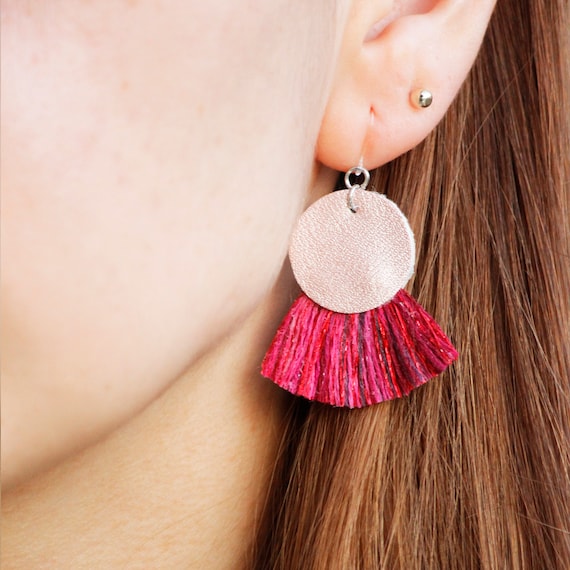 Plastic Hook Tassel Silver Vegan Leather Lightweight Earrings Boho Drop Earrings With Blue Tassel Fan Accents or Hot Pink Metal Sensitive Etsy UK
