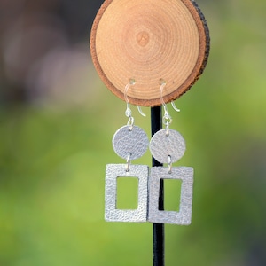 Plastic hook,silver, pink, vegan leather lightweight,  boho drop earrings, geometric, metal sensitive, statement earrings, handmade, gift
