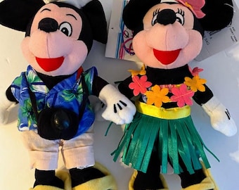 Mickey Mouse Tourist and Minnie Mouse Hula Girl Disney Plush Toys, purchased in Hawaii in 1997.