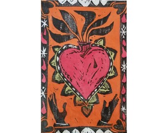 Heart and Hands - Red on Orange