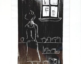 Woman and a Window, Black and White Print, Hand carved block print