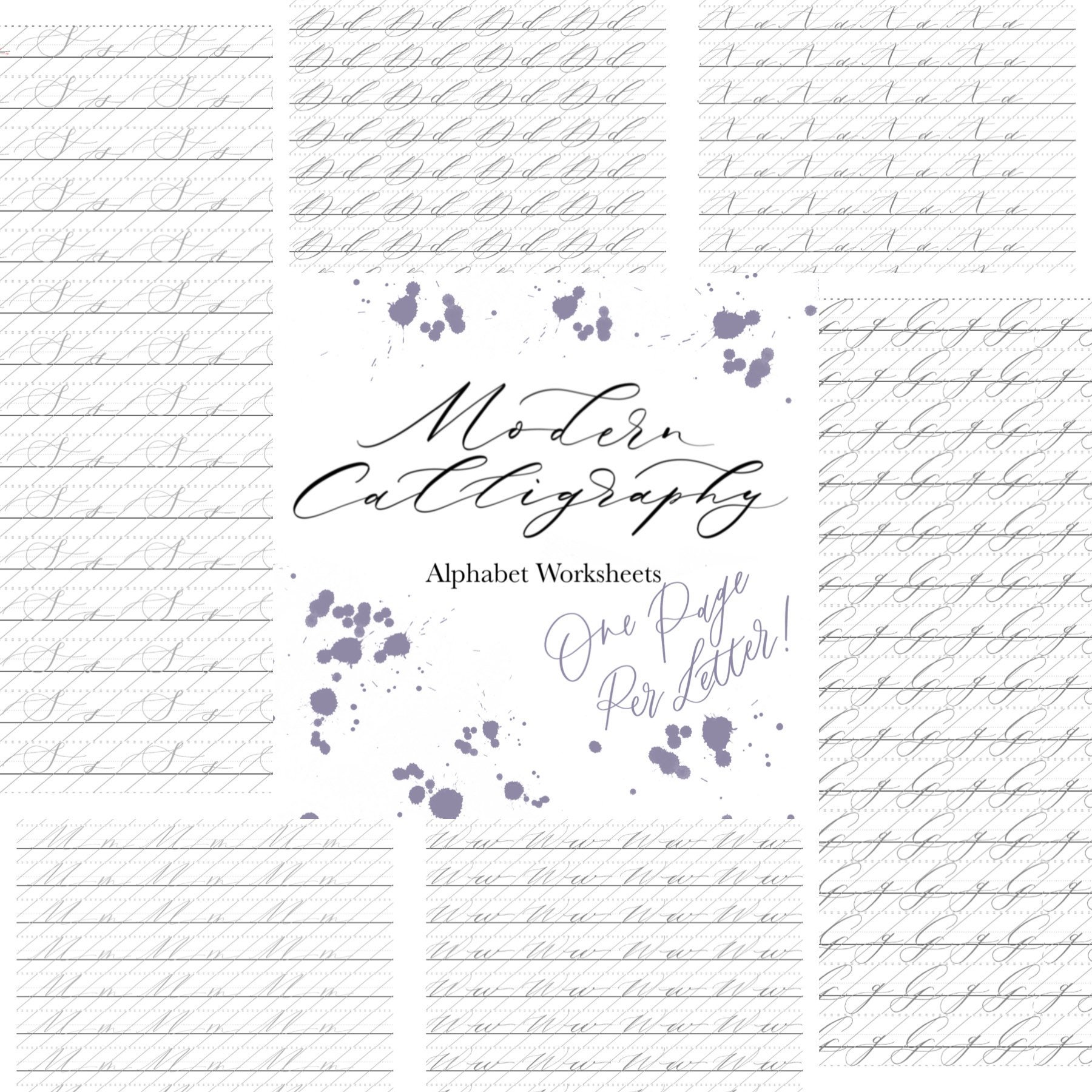 one page per letter modern calligraphy alphabet worksheet set etsy