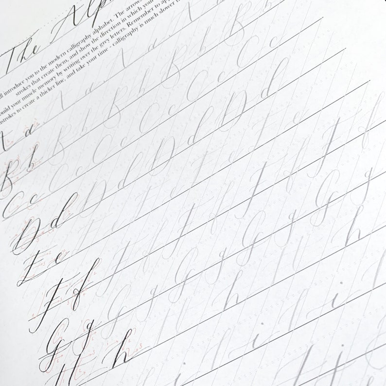Puede incluir: Un primer plano de un cuaderno de papel rayado con letras manuscritas en cursiva del alfabeto, comenzando con la letra "A" y continuando hasta "H". Las letras est&aacute;n escritas en gris claro, con una l&iacute;nea gris m&aacute;s oscura debajo de cada letra.