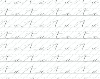 Puede incluir: Un patrón sin costuras de letras cursivas 'A' escritas con tinta gris sobre un fondo blanco con líneas punteadas grises.