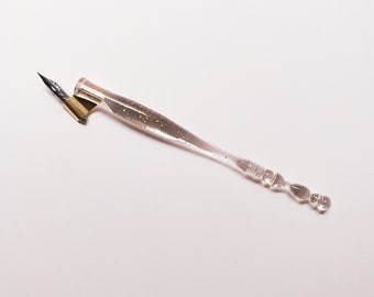 Oblique Calligraphy Pen Nib Holder - Clear with Gold Flecks - Ornate