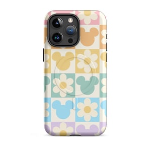May include: A patterned phone case with a checkerboard design featuring Mickey Mouse shapes and daisy flowers. The case has a pastel colour scheme of pink, orange, yellow, green, blue, and purple. The phone case has a black camera lens.