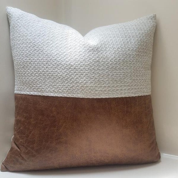 Faux Leather Pillow Cover with Woven Mudcloth Accent, Housewarming Gift, Cushions, Cozy Throw Pillow, Modern Farmhouse Pillow, Tribal Pillow