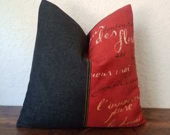 Denim Pillow Cover: Color Block, French Script, Decorative Throw
