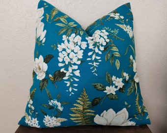 Teal Blue Floral Pillow Cover: Cotton Farmhouse Decor