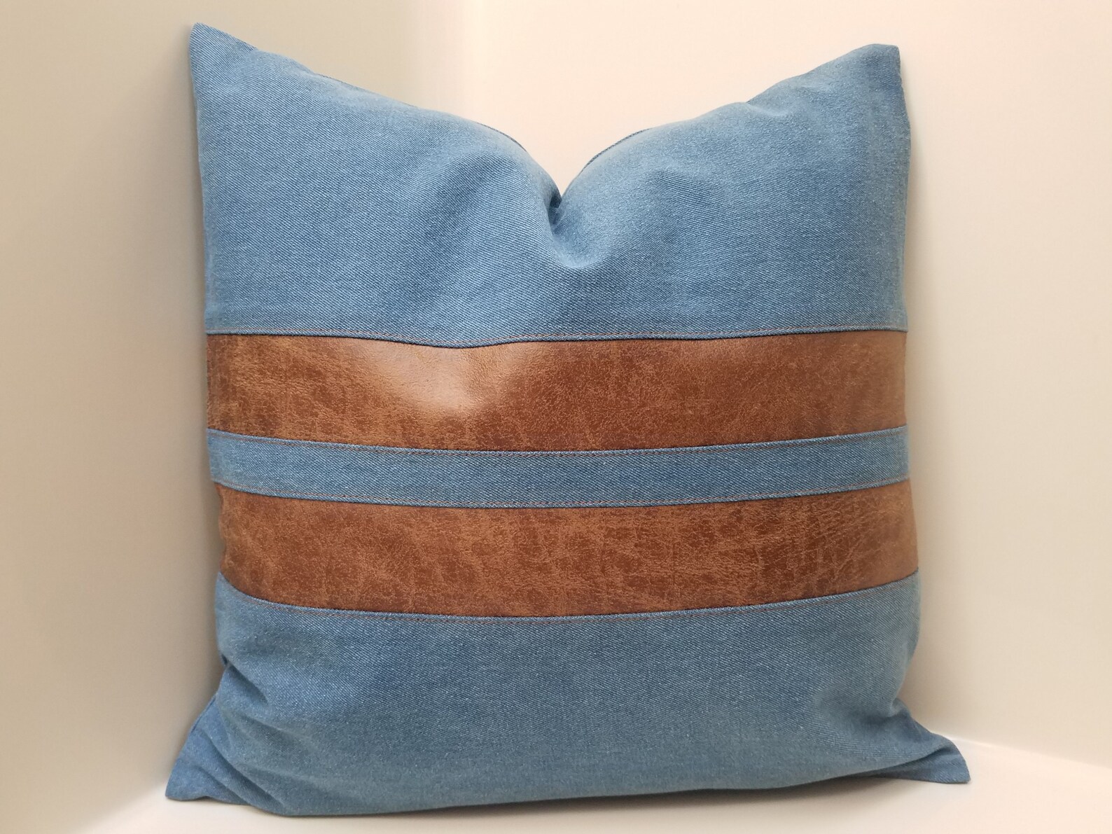 Denim Pillow Cover With Faux Leather Accent Stripes Floor Etsy