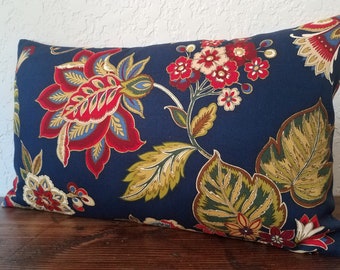 Floral Pillow Cover: Navy Blue Cotton, Burgundy Red Accents