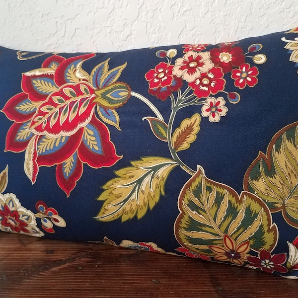 Floral Pillow Cover: Navy Blue Cotton, Burgundy Red Accents
