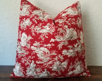 Red Toile Pillow Cover: Farmhouse Country Scene Throw Pillow
