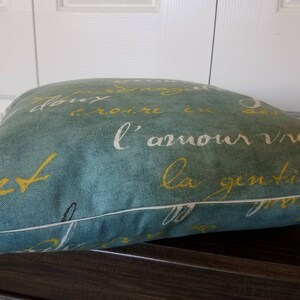 May include: Teal throw pillow with white piping and a zipper closure. The pillow features French script in white and yellow. The words "L'amour vrai" are visible. The pillow is on a dark wooden surface.