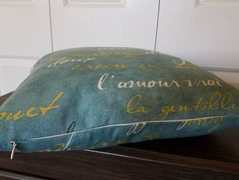 May include: Teal throw pillow with white piping and a zipper closure. The pillow features French script in white and yellow. The words "L'amour vrai" are visible. The pillow is on a dark wooden surface.