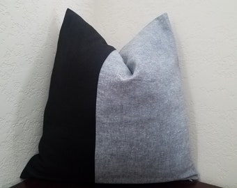 Black and Gray Linen Colorblock Pillow Cover, Modern Home Decor, Decorative Throw Pillow Cover, Color Block Cushion Cover, Accent Pillowcase