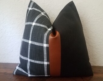 Chequered Pillow Cover: Faux Leather Stripe, Black Canvas Back