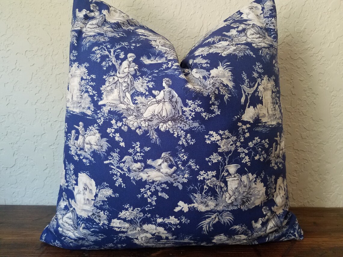 Toile Pillow Cover in Blue White and Beige Country Pillow Etsy