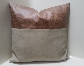 Color Block Faux Leather Pillow Cover: Beige & Brown, 18x18