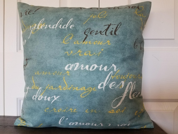 Denim Accent Pillow Cover: Rustic Spa Blue French Script