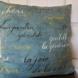 May include: A square teal pillow with French script in yellow and black. The pillow features phrases like "cheri," "jardin," and "la joie." The pillow is on a dark brown surface.