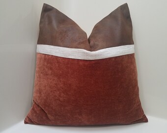 Color Block Pillow Cover: Chenille and Faux Leather Accent Pillow