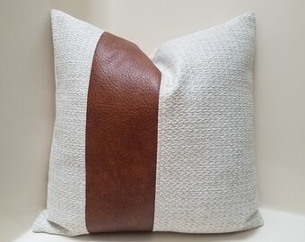 Woven Mudcloth Pillow Cover: Faux Leather Stripe, Beige Denim Back