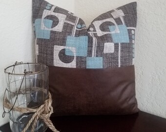 Faux Leather Accent Pillow Cover: Brown, Grey & Teal Geometric Design
