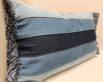 Denim Patchwork Pillow Cover with Fringe - Variety Colors & Sizes
